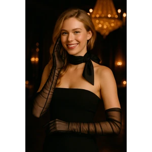 Elegance Scarf Uzun Siyah Tül Gelinlik Eldiveni