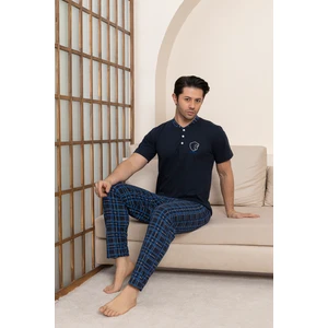 Erkek Penye Lacivert Kısa Kollu Altı Ekoseli Pijama Takımı