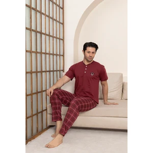 Erkek Penye Bordo Kısa Kollu Altı Ekoseli Pijama Takımı