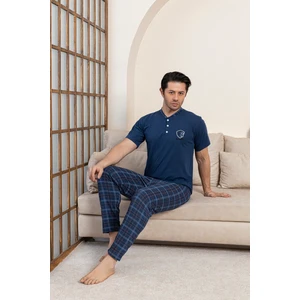 Erkek Penye Indigo Kısa Kollu Altı Ekoseli Pijama Takımı