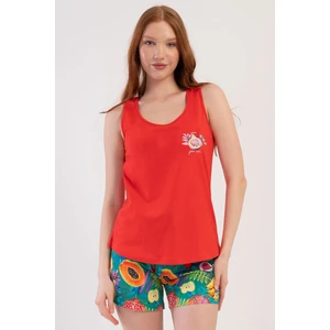 Kadın Geniş Askı Nar Çiçeği Şortlu Pijama Takım C8T3N2O904