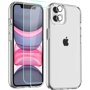 Apple iPhone 11 Şeffaf Kılıf + Cam Ekran Koruyucu (2 Adet) + Kamera Lens Koruyucu (Gümüş)