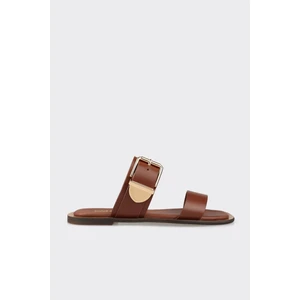 Kahve Deri Kadın Düz Terlik