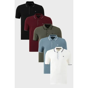 Pamuklu Slim Fit Şerit Detaylı Düğmeli Polo Yaka 5'li Paket T Shirt Erkek T Shirt 5902118S5