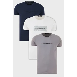 Pamuklu Slim Fit Bisiklet Yaka Baskılı 3'lü Paket T Shirt Erkek T Shirt 541S31