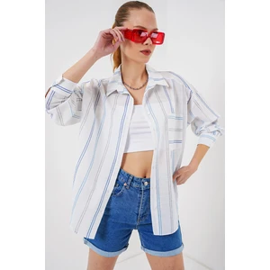 Kadın Çizgili Oversize Gömlek 20278 - Beyaz