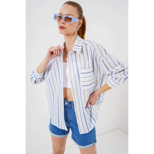 Kadın Çizgili Oversize Gömlek 20278 - Mavi