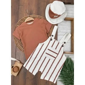 Kids Kingdom 3lü Şapkalı Omuzdan Çıtçıtlı Şeritli Salopet Erkek Bebek Takım