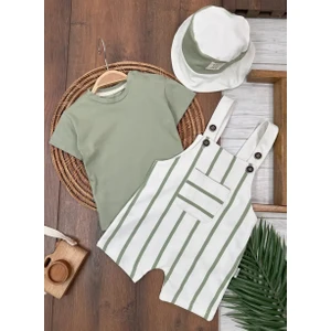 Kids Kingdom 3lü Şapkalı Omuzdan Çıtçıtlı Şeritli Salopet Erkek Bebek Takım