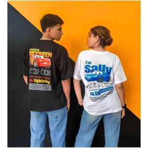 Unisex Şimşek Mcqueen- Sally Cars Sevgili Çift Kombini Oversize T-Shirt 2'li Takım
