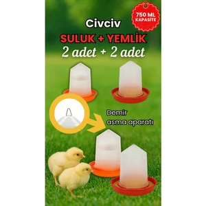 Civciv Başlangıç 2 Adet Suluk ve 2 Adet Yemlik Takım 750 ml Keklik Güvercin Suluğu Bıldırcın Yemliği