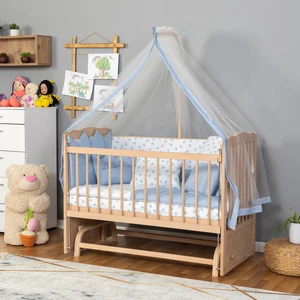 Ahşap Organik Beşik Anne Yanı Beşik 3 Kademeli Lüx Bebek Beşiği 60 x 120 cm - Mavi Prens Uyku Setli & Soft Yataklı