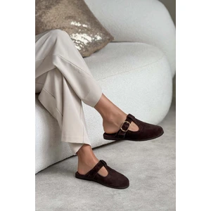 Nişantaşı Shoes Serry Siyah  Süet Toka Detaylı Düz Taban Kadın Terlik