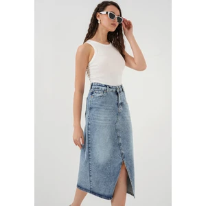 Kadın Yırtmaçlı Midi Kot Etek 8038 - Mavi