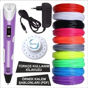 Mor Renk 3D Kalem + 25 Renk Toplam 25 Metre Pla Filament + Şablon