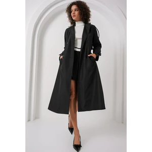 Kadın Siyah Kruvaze Yaka Uzun Trençkot %100 Polyester Regular Kalıp