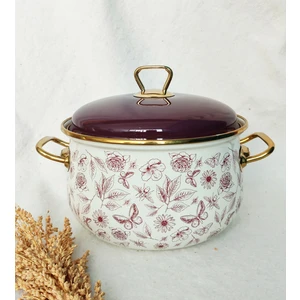 Lila Vintage Çiçek Emaye Tencere 5 Litre 24 cm Çap Süt Yoğurt Güveç Tenceresi