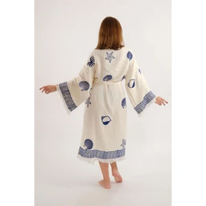 Müslin Kimono %100 Pamuklu Deniz Kabuğu Baskılı Desenli Bornoz Kaftan Sabahlık