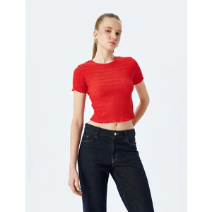 Basic Kısa Kollu Bisiklet Yaka Dokulu Crop Tişört