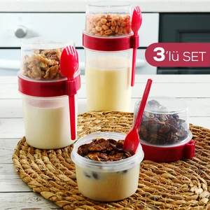 3'lü Set Çatallı Kaşık Hazırla ve Çık Meyveli Yoğurt Kabı - Öğün Kabı Pembe