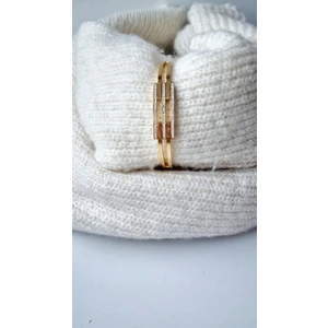 Paslanmaz Çelik 2 Sıralı Taşlı Gold Kelepçe Bileklik