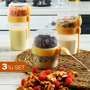 3'lü Set Çatallı Kaşık Hazırla ve Çık Meyveli Yoğurt Kabı - Öğün Kabı Sarı