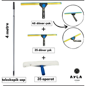 Ayla Stand 4 Metre Teleskopik Cam Silme Seti – Döner Başlıklı 45+35 cm Cam Çek + 35 cm Mop Ucu