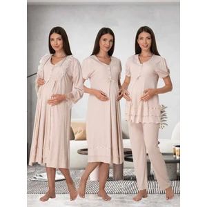 Dvina Effortt Lohusa 4'lü Set - Sabahlık/pijama Takımı/gecelik Bej - 8026