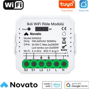 Tuya Uyumlu Ikili Wifi Akıllı Anahtar ( 2X10A / 220V Röle) Çift Çıkışlı, Anahtar Girişli, Google Asistan , Alexa Destekli