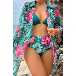 3 Parça Yüksek Bel Gömlek ve Bikini Takımı