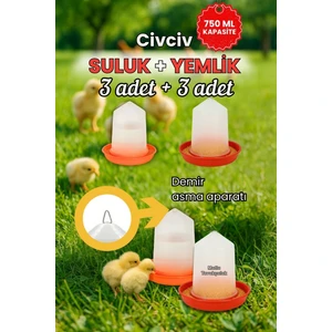 Civciv Başlangıç 3 Adet Suluk ve 3 Adet Yemlik Takım 750 ml Keklik Güvercin Suluğu Bıldırcın Yemliği