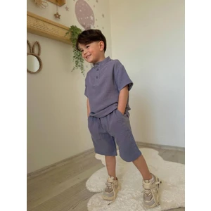 Hakim Yaka Düğmeli Cep Detaylı Erkek Çocuk Takım Gri - 7-8 Yaş