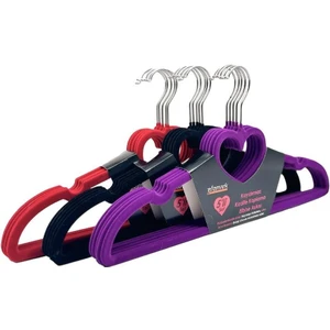 Premium Serisi 20'li Ekonomik Paket Kadife Kaydırmaz Elbise Kıyafet Askısı, 10 Siyah + 5 Mor + 5 Kırmızı