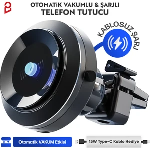 Otomatik Elektrik Vakumlu Kablosuz Şarjlı Tüm Cihazlara Yapışan Dönebilen Telefon Sabitleyici 2in1 Araç Içi Telefon Tutucu