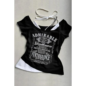 Siyah Admirable Madonna Yaka Ek Askılı Gotik Y2K Kısa Kollu Full Body Crop