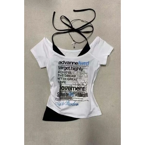 Kadın Bluz Pamuklu Madonna Yaka Kısa Kollu Crop Model Günlük Tarz Beyaz