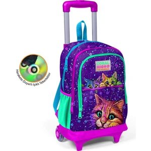 Coral High Kedi Desenli Işıklı Tekerlek Pembe-Mor Çekçekli Sırt ve Okul Çantası 23932