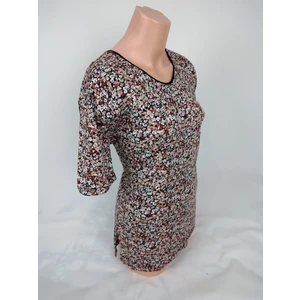 Kadın Sütlü Kahverengi U Yaka Kısa Kollu Desenli Yırtmaçlı Dokuma Viskon Anne Penye Tişört