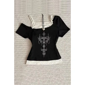 Siyah Gotik Cross Pattern Madonna Yaka Ek Askılı Y2K Kısa Kollu Full Body Crop
