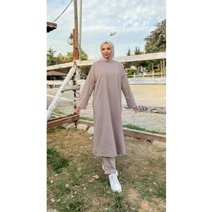 O Yaka Uzun Geniş Rahat Tunik Sade Basic Ikili Spor Takımı - 3040 - Vizon