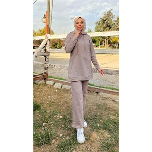 Kapşonlu O Yaka Sade Basic Ikili Eşofman Spor Takımı - 3039 - Vizon