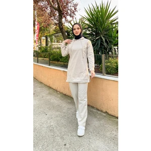 Kapşonlu O Yaka Sade Basic Ikili Eşofman Spor Takımı - 3039 - Ekru
