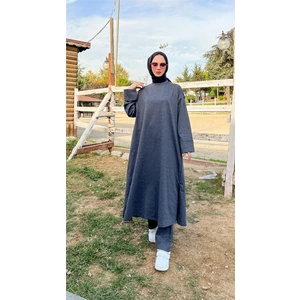 O Yaka Uzun Geniş Rahat Tunik Sade Basic Ikili Spor Takımı - 3040 - Antrasit