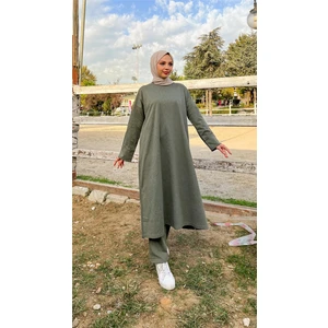 O Yaka Uzun Geniş Rahat Tunik Sade Basic Ikili Spor Takımı - 3040 - Haki