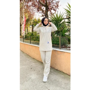 Kapşonlu Çıtçıtlı Sade Basic Ikili Eşofman Spor Takımı - 3036 - Ekru