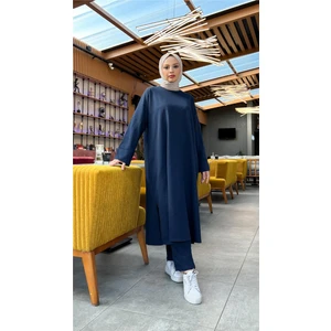 O Yaka Uzun Geniş Rahat Tunik Sade Basic Ikili Spor Takımı - 3040 - Lacivert