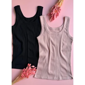 Linea, 2’li Siyah ve Gül Kurusu Renk, Ribanalı Kalın Askılı, Pamuklu Kadın Bluz-Atlet