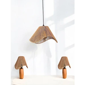 Hasır El Yapımı Bohem Asimetrik Şekilli Avize 2 Li Ahşap Ayaklı Rustik Abajur Set