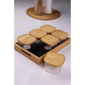 Duo 400ML 6'lı Bambu Siyah Mermer Desen Tepsili Bambu Vakumlu Kapaklı Cam Kahvaltılık