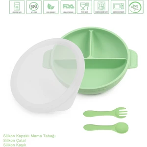 Silikon Beslenme Seti Vakumlu Silikon Mama Tabağı (Kapaklı), Silikon Çatal ve Kaşık / Yeşil Renk